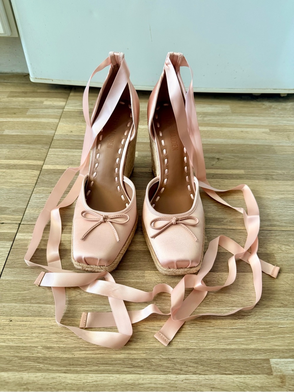 Steve Madden Varina Pink Blush Satin Ribbon Ballet Wedge Heels, Women’s 8 NWOT